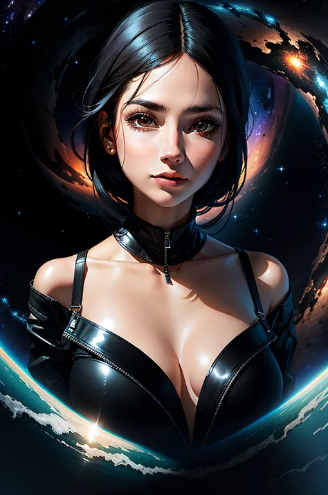 Portrait of a young woman with black hair in zero gravity, The background of the Milky Way and the supermassive black hole as the background