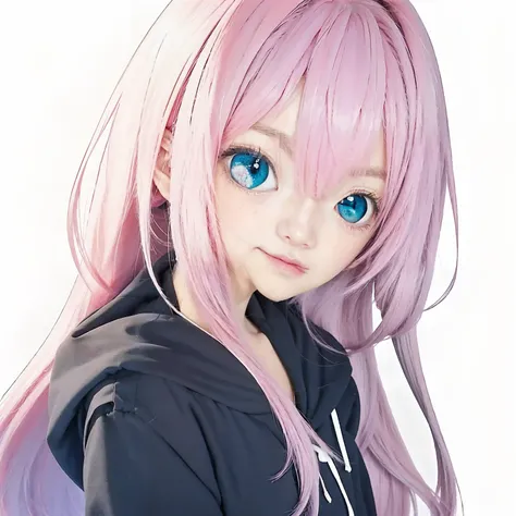 anime girl with pink hair and blue eyes in black hoodie, (anime girl), anime visual of a cute girl, portrait anime girl, young anime girl, anime girl portrait, portrait of an anime girl, extremely cute anime girl face, pink twintail hair and cyan eyes, ani...