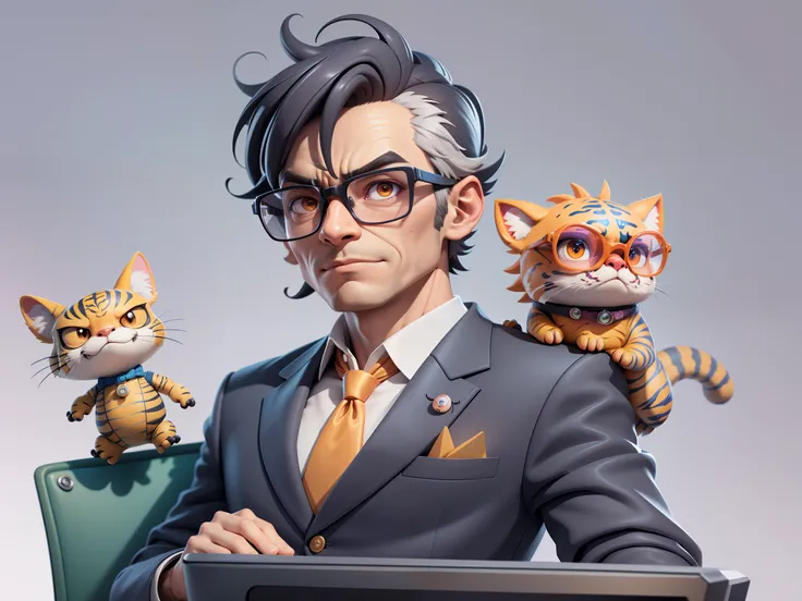 A young man in a suit, Short hair and glasses sat at his desk，holding laptop，digitial painting，tigre，3D character design by Mark Clairen and Pixar and Hayao Miyazaki and Akira Toriyama，4K HD illustration，Very detailed facial features and cartoon-style visu...