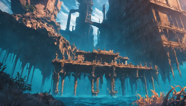 ruins under the sea made out of gold and cupper, shot from outside the water, long shot, rendered in unreal engine 5, realistic, high detailed, ultra quality, no human, no trees, no plants, no sun shine