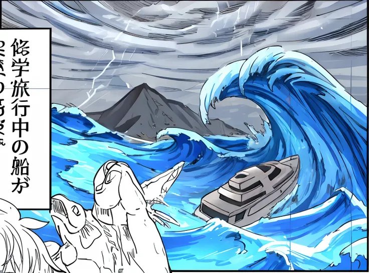 Anime scene of a boat in the stormy sea and a man on a boat, Scylla and Charybdis, the sea and storms behind him, sketch of an ocean in ms paint, In rough seas with many waves, Sea of violent storms, Rough sea in the background, tsunami behind him, Apocaly...