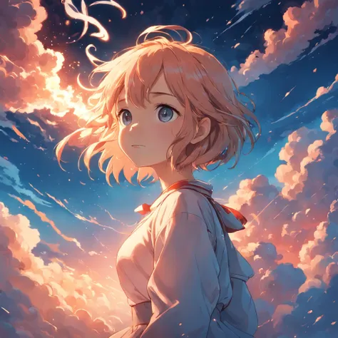 masterpiece, best quality, movie still, 1girl, cloud girl, floating in the sky, close-up, bright, happy, warm soft lighting, sunset, (sparks:0.7)