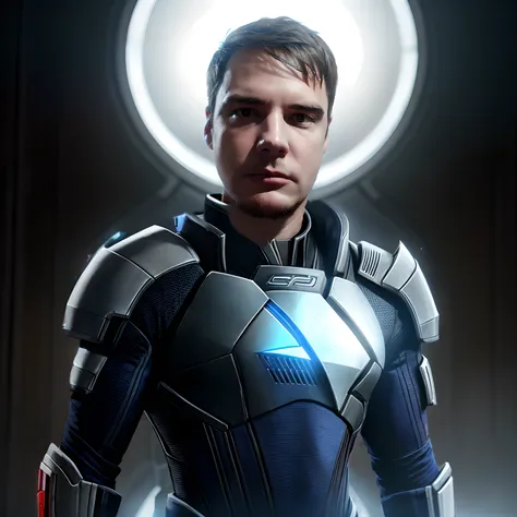 Arafed man in futuristic costume, standing in the room, Ношение брони Mass Effect, based on Marek Okon, based on Eva Ryder, Wearing sci-fi armor, Вдохновлённый Mass Effect, unreal engine character art, N 7 Броня, Стиль Mass Effect, anton fadeev 8 k, 8k por...