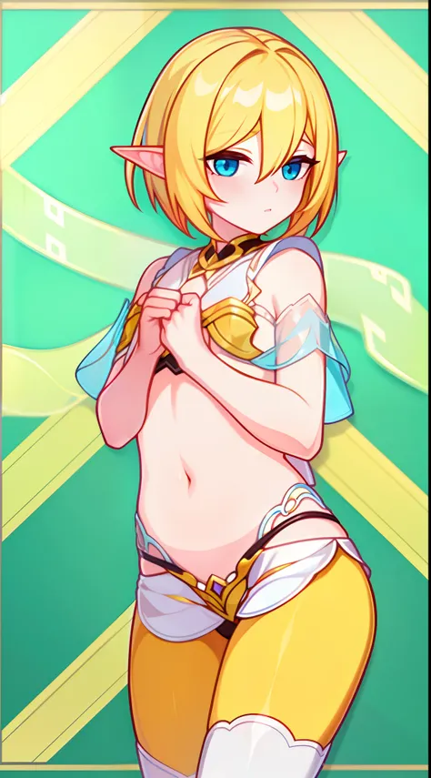 young boy, longue blonde hair, elf ears, turquoise eyes, Yellow in the upper right corner, short, Transparent, open belly, fishnet tights, Masterpiece, hiquality