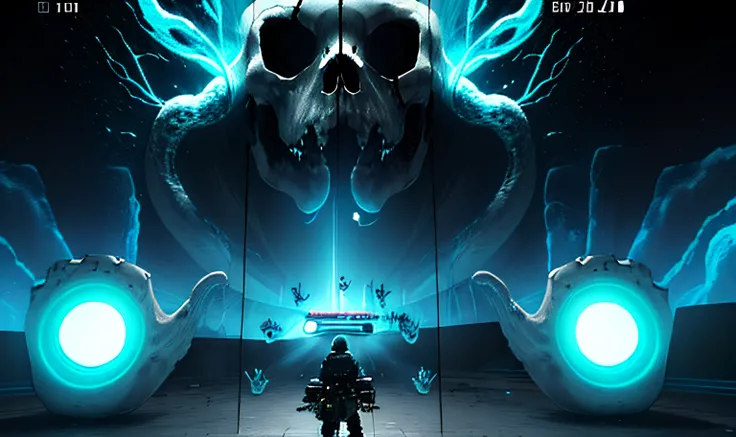 There is a person standing in front of a giant skull, VRCabord, gameplay screenshot with ui, captura de tela do jogo, jogabilidade ainda, spirits coming out of portal, Captura de tela do jogo, mana shooting from his hands, Captura de tela do videogame, efe...