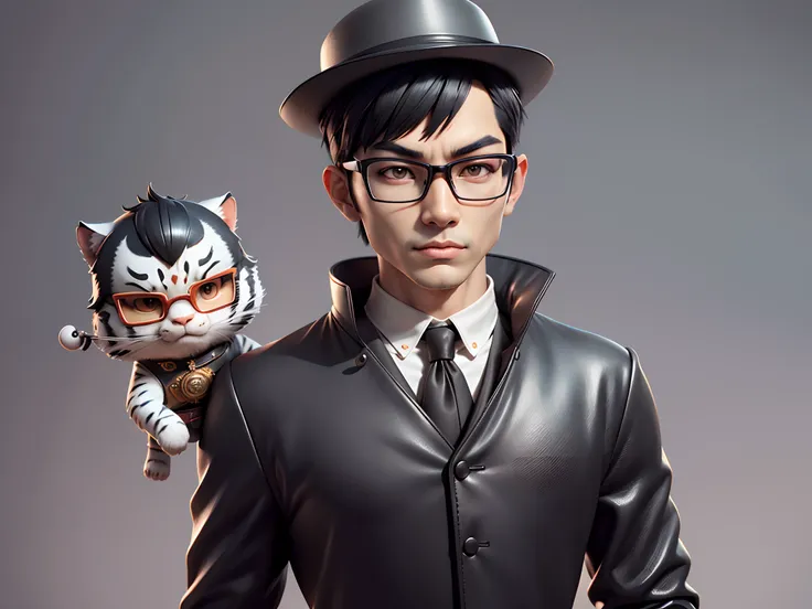 Young man with oriental face in leather hat, tiger, oriental face in formal suit, short black hair, silver glasses, digital painting, 3D character design by Mark Clairedon and Pixar and Hayao Miyazaki and Akira Toriyama, the illustration is a high-definiti...