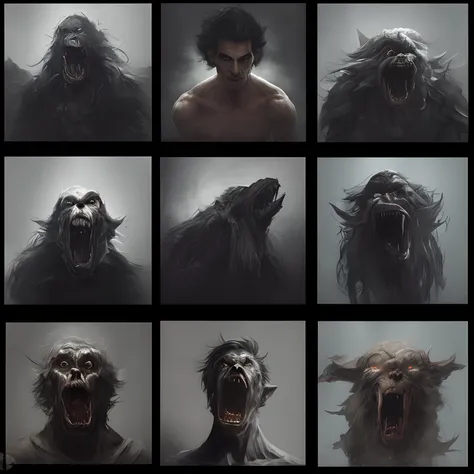 a close up of a person with a bunch of different faces, emotional concept art, photorealistic dark concept art, werewolf?, the style of wlop, werewolf, portrait of a werewolf, concept arts, by László Balogh, realistic concept art, by Shen Zhou, dramatic co...