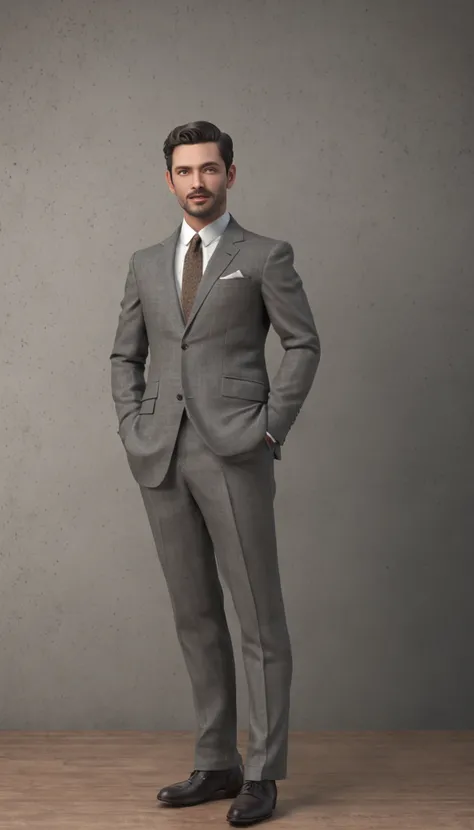 (Professional 3D rendering:1.3) de (Realistic:1.3) Physical appearance: Imagine um homem de meia-idade com cabelo escuro cortado curto no estilo dos anos 1950. He wears a crisp dark gray suit, uma gravata fina, e sapatos de couro polido, All according to t...