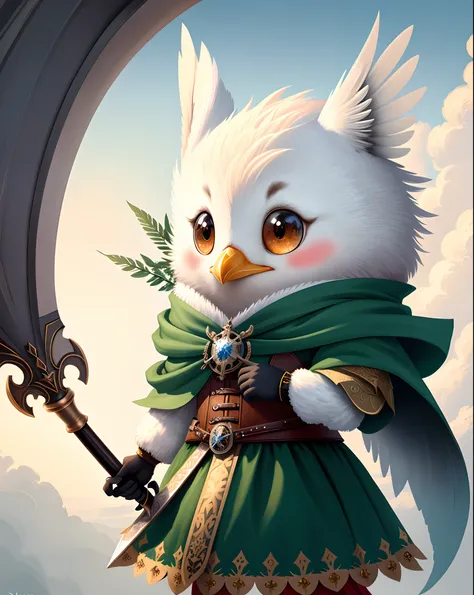 Top image quality、"Create cute creature masterpieces with inspired ultra-detailed concept art. Bring your imagination to life", （Anthropomorphic seagull）, high detal, 8K、Top image quality、Dress up as a hunter of medieval Europe、Carrying a spear、Cute pose