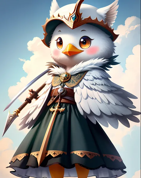 Top image quality、"Create cute creature masterpieces with inspired ultra-detailed concept art. Bring your imagination to life", （Anthropomorphic seagull）, high detal, 8K、Top image quality、Dress up as a hunter of medieval Europe、Carrying a spear、Cute pose