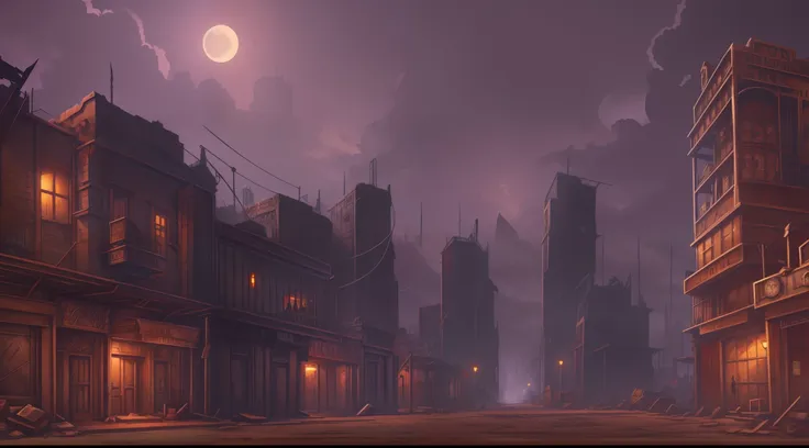 background for 2d game, post apocalyptic steampunk world, noir, it must be night, ruins of steampunk civilization