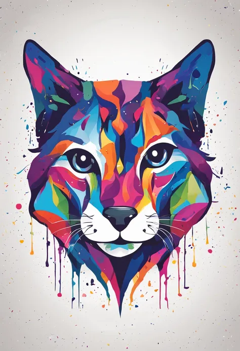 colorful logo, Minimalist vector art logo illustration of a cat head, front, magic, Sharp, flat design, Monochrome color, dark magic colorful splash paint, t-shirt design, in Studio Ghibli style, Design should be in vector art, Introducing the Dog. Use Ado...