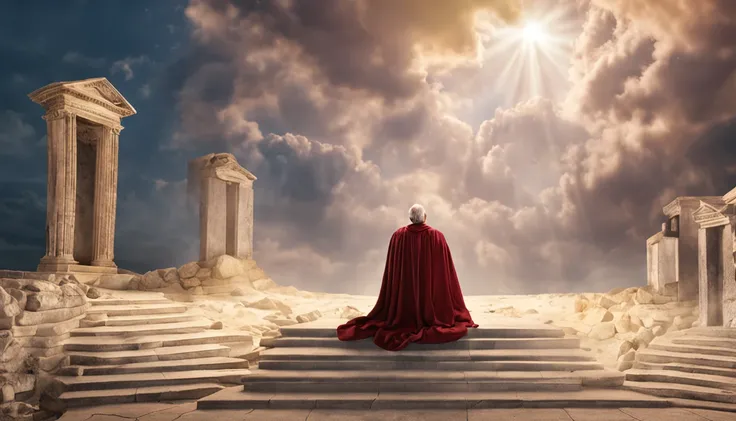 crie uma imagem realista na horizontal, where an older man is raptured into heaven and finds the throne of God. the image needs to reflect the passage in the bible where Paul describes his rapture.