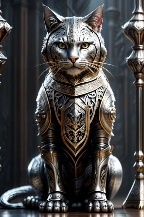 kneeling cat , cat, cat knight, portrait, finely detailed armor, intricate design, silver, silk, cinematic lighting, 4k