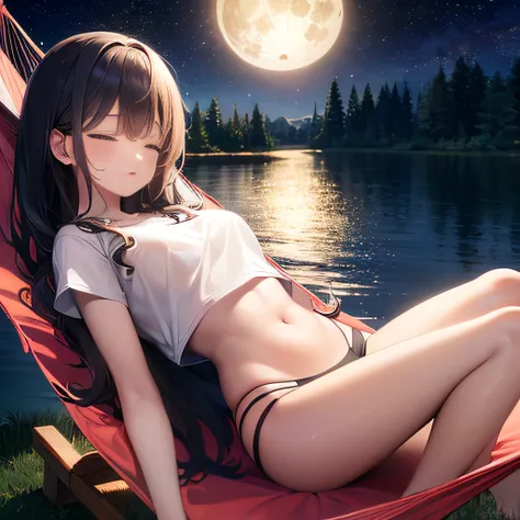 (Masterpiece, 8K, UHD, Best Quality), Quiet night, (dark night view), (nature), (lake), (1 full moon), (starry sky, twinkle star), (1girl), (oblique rear view), (curl up in a hammock:1.3), (sleeping soundly:1.3), (wearing a t-shirt and cargo pants)