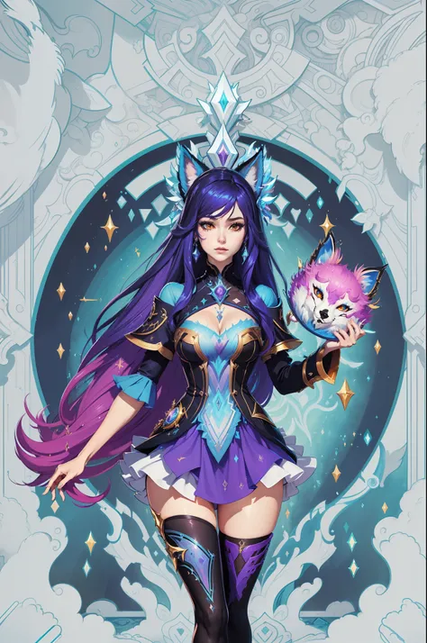 (obra-prima, qualidade superior, melhor qualidade, Arte Oficial, Beautiful and Aesthetic: 1.2), (1girl), extremamente detalhado, (Arte Fractal: 1.3), Colouring, Mais Detalhado, (ahri, kda, fox, league of legends)