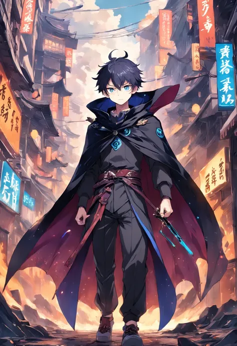 a guy named Ying, a Chinese, behind him is a city ravaged by smoke and fire, anime character with a purple cape and a black cape on, badass anime 8 k, trigger anime artstyle, tall anime guy with blue eyes, he wears two bags of arrows on his back, detailed ...