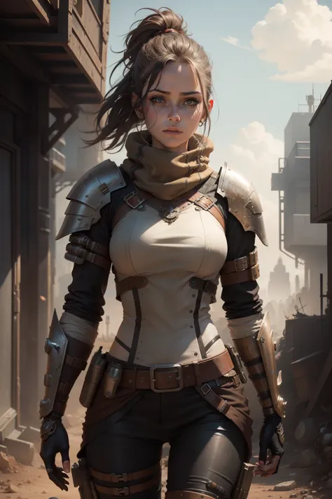 "futuristic steampunk female wearing rugged and weathered armor in a post-apocalyptic sci-fi world"