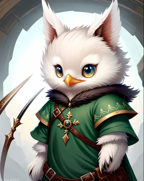 Top image quality、"Create cute creature masterpieces with inspired ultra-detailed concept art. Bring your imagination to life", （Anthropomorphic seagull）, high detal, 8K、Top image quality、Dress up as a hunter of medieval Europe、Carrying a spear、Cute pose