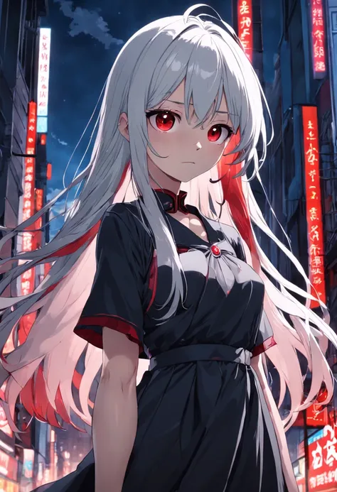 A woman with long silver hair，red color eyes，Poor milk，Flat milk，Black dress，teens girl