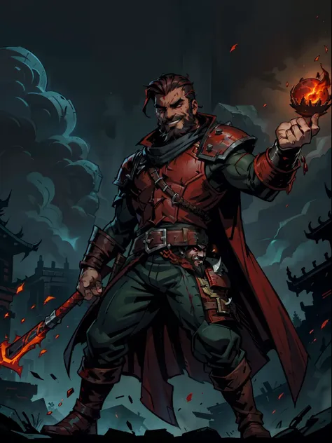 blood moon background, darkest dungeon style, casting fire. sadurang from marvel, hunk, buffed physics, short mane hair, mullet,...