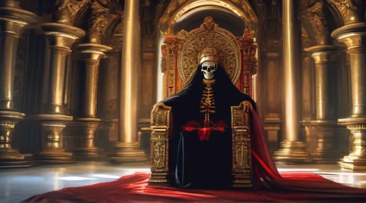 Trono da Morte, A skeletal being is seated in a real chair, vestindo uma vestimenta vermelha que remete ao sangue, similar to that of the Pope. The scene is a representation of dark authority, where mortality and power intertwine. The atmosphere is charged...