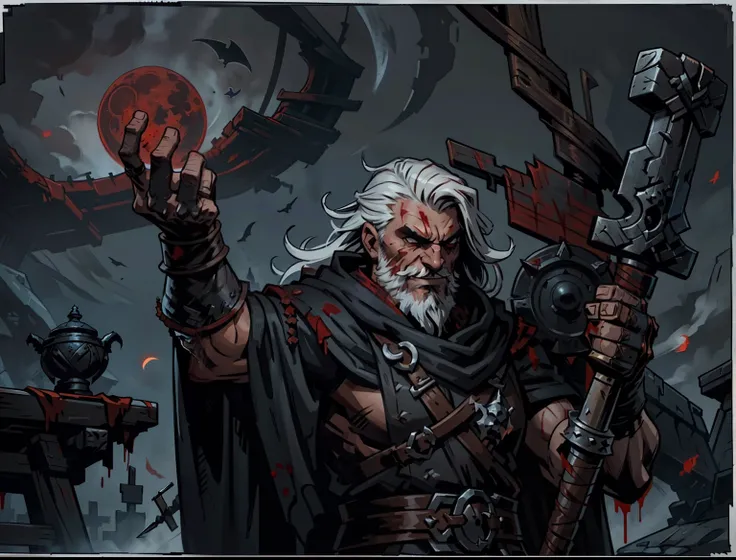 Blood moon background, Darkest Dungeon style. Odin as North God, hunk, buffed physics, short mane hair, mullet, defined face, detailed eyes, hood, long beard, white hair, wily smile, badass, dangerous. Holding a eye in one hand. Dramatic pose. Nordic Runes...