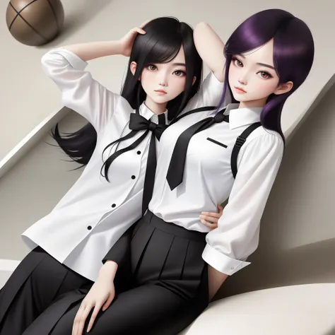 One black hair was dyed purple，The goose-egg-shaped face is white，Bright atmosphere，The already delicate facial features also draw a touch of eyeliner，Make narrow eyes more attractive。height of one meter seven，Slim and elegant，The short-sleeved white shirt...