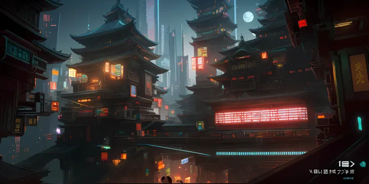 3D platformer, cyberpunk, chinese architecture, japanese architecture, level design, moon, height detail, digital painting, art station, concept art, smooth, sharp focus, Illustrations,