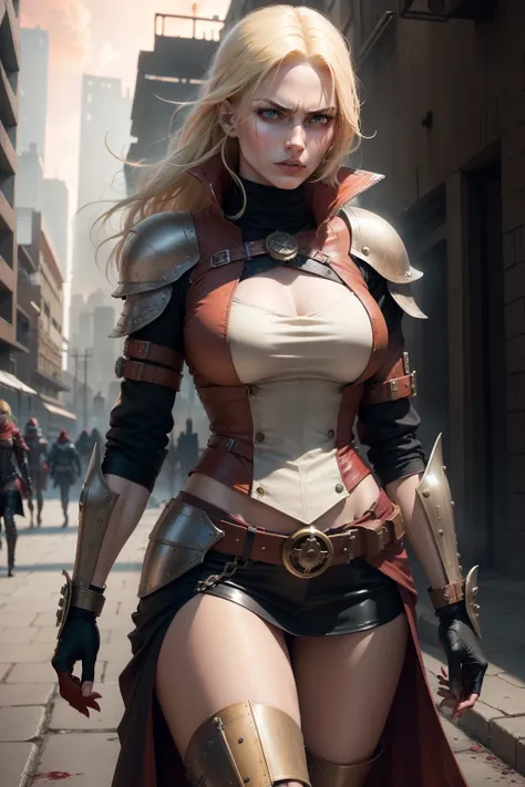 "Fashion-forward steampunk woman blond angry half macine donning red worn and resilient armor in a dystopian futuristic settin under a blood red sky."