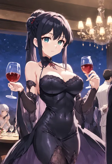 ero,cute,moe++,kawaii,hentai,anime,2 ladies wearing black see-through evening dress.holding wine glass in right hand.
The background is a dinner party. (huge enormous boobs+++).