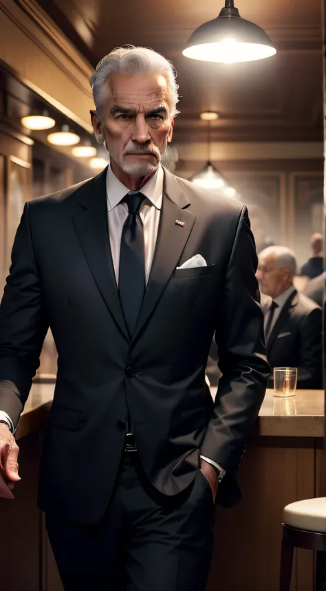 Man in elegant 50-year-old businessmans suit, conversando em um bar com outro homem (detetive robusto 40 anos), lots of cigarette smoke. Ambiente sinistro e tenso. qualidade realista. Ultra HD |. vista de longe. Men have their backs to the observer.