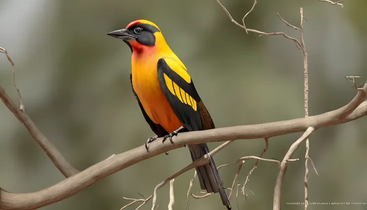 There is a bird like yellow turpial,Black and orange perched on a tree, Renderizado realista natural, fotorrealista altamente detallado, render fotorrealista, Arte conceptual fotorrealista, Render hiper real, Renderizado 3D realista rojo, Aves f CGsociety,...