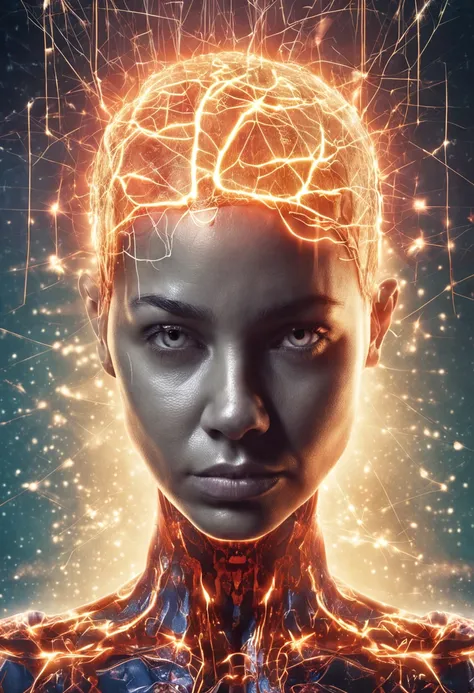 Woman with a shiny head and a lightning bolt sticking out of her head, she is attracting lightnings, mind character, estimulante nootropic, consciousness projection, detailed glowing head, neurological marvel, sobrecarga, glowing head, circuitry visible in...