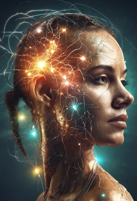 Woman with a shiny head and a lightning bolt sticking out of her head, she is attracting lightnings, mind character, estimulante nootropic, consciousness projection, detailed glowing head, neurological marvel, sobrecarga, glowing head, circuitry visible in...