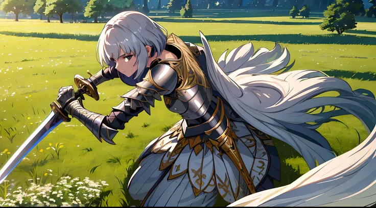 A beautiful and mighty female knight is holding her sword and preparing herself for a great battle with her enemies It was surrounding her in a flat land of grass and trees in the background, sunny day, sunlight, wide-angle camera, panoramic view, high def...