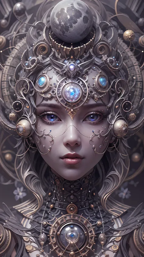 （best qualtiy，ultra - detailed，Most Best Illustration，Best shadow，tmasterpiece，A high resolution，professionalartwork，famousartwork），Detailed eyes，beautidful eyes，closeup cleavage，sci-fy，colored sclera，Robot eyes，face markings，Tattooed with，（fractalized，Fra...