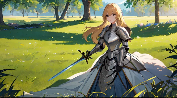 A beautiful and mighty female knight is holding her sword and preparing herself for a great battle with her enemies It was surrounding her in a flat land of grass and trees in the background, sunny day, sunlight, wide-angle camera, panoramic view, high def...