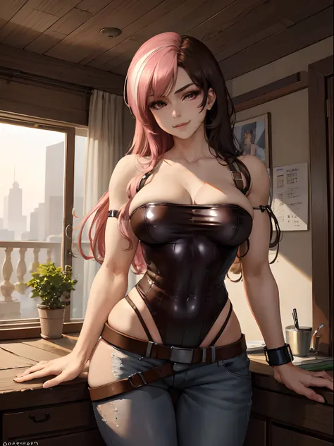 (Masterpiece, Best Quality:1.2), Cowboy shot, 独奏, 1girl, Neapolitan, Smile, closed mouth, looking a viewer, Heterochromia, Brown eyes, pink eyes, Average Breasts, leotard, pants, wide thighs, belt, big butt, Erotica