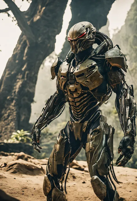 Crie uma imagem realista do Predador, The iconic alien hunter from the film franchise "predador". The predator is an intimidating and formidable creature, com aproximadamente 2,5 metros de altura. Its skin is a grayish-green hue and has scaly features, rou...