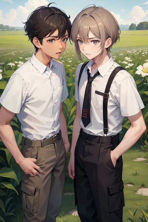 twinks　In the field　alone　male people　Check Button Shirt　Brown cargo pants　sandal　jpn　A dark-haired