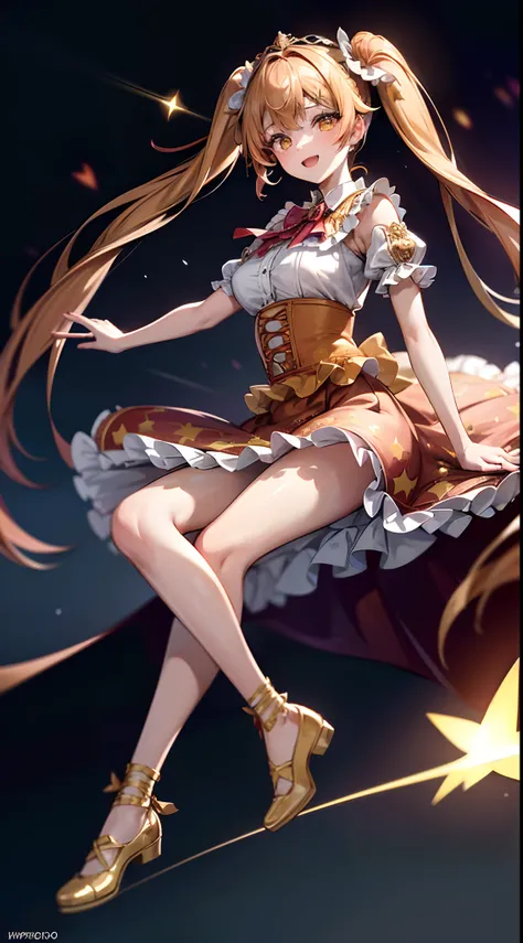 (fullbody, legs and shoes visible: 1.2)) expressive eyes, woman, pale skin, long hair, windblown hair, ((long hair)), long sidelocks, hime bangs, hair fringe, hair bun, ((long twintails)), lush hair, red hair, blushing, full face blushing, big sparkling gl...