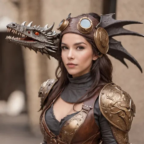 Guerreiro de armadura pesada estilo steampunk, Female dragon armor, e um pet junto da guerreira.