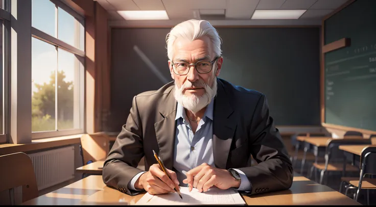 Drawing, ultra realistic, 8k, extremely detailed, in the best quality, a man, looking 50 years, teacher, with beard, and glasses, arriving in a school classroom for children.