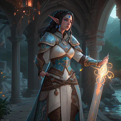 arafed, high details, best quality, 8k, [ultra detailed], masterpiece, best quality, (extremely detailed), dynamic angle, ultra wide shot, RAW, photorealistic, fantasy art, d&d art, a wide angle picture of a half elf cleric in  a temple near the lake, fema...