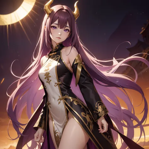 Woman, messy light brown long hair with a purple tint, dragon horns and tail, white and black Chinese dress with tight-fitting elements on her arms and legs, gold divine light, Gods gaze, a sun circle behind her back, indifferent and cold gaze, light lipst...