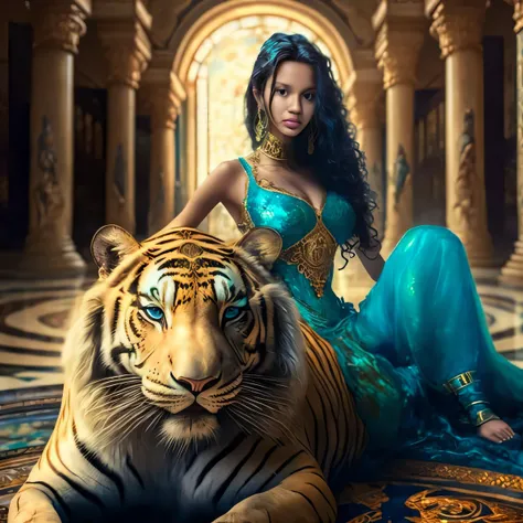 Mulher de Araffe em um vestido azul sentado em um tigre, gorgeous goddess of leo, mulher linda, Princesa persa, arab princess, mulher deslumbrante, Rainha persa, bela arte de fantasia, Princesa Jasmine, estilo de arte de fantasia, amazing fantasy art, mulh...