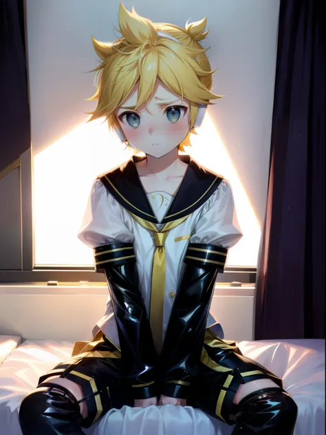 best quality, ultra precision, one boy, (len_kagamine), blond hair, shota, cowlick, on bed, character focus, black short pants, ...