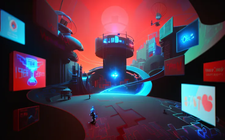 (((red and blue))) sci-fi and future city with many (hologram signs), metaverse concept art, virtual metaverse room, concept illustration, establishing shot, virtual reality metaverse engine, by Sebastian Vrancx, the encrypted metaverse, commercial illustr...