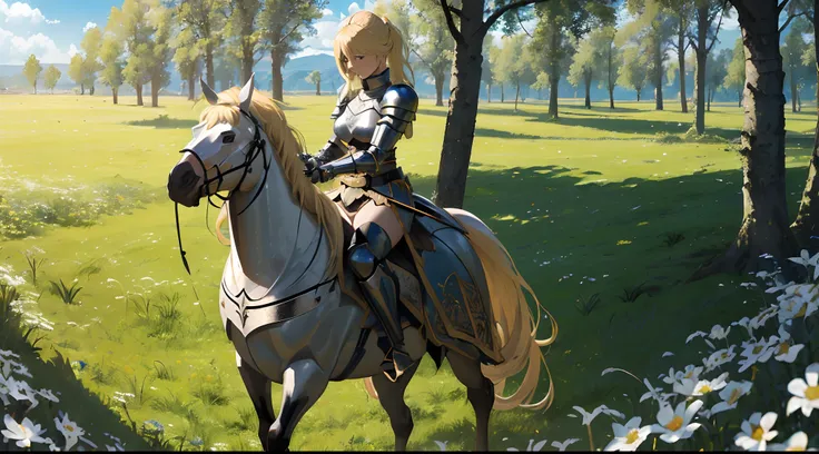 A beautiful and mighty blonde female knight is holding her sword and preparing herself for a great battle with her enemies It was surrounding her in a flat land of grass and trees in the background, sunny day, sunlight, wide-angle camera, panoramic view, h...